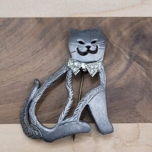 Vintage Ultra Craft Pewter Figural Cat Brooch Pin With Rhinestone Bow Tie